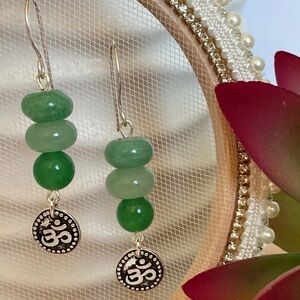 DANGLE Earrings Green Aventurine Quartz Earrings and Om Charms
